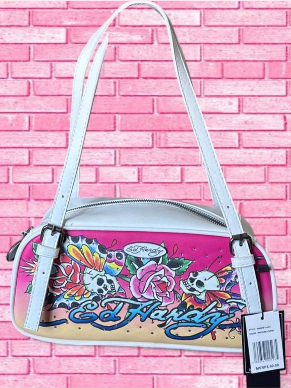 NWT Ed Hardy Pink Skull Rose Shoulder Bag Y2K McBling